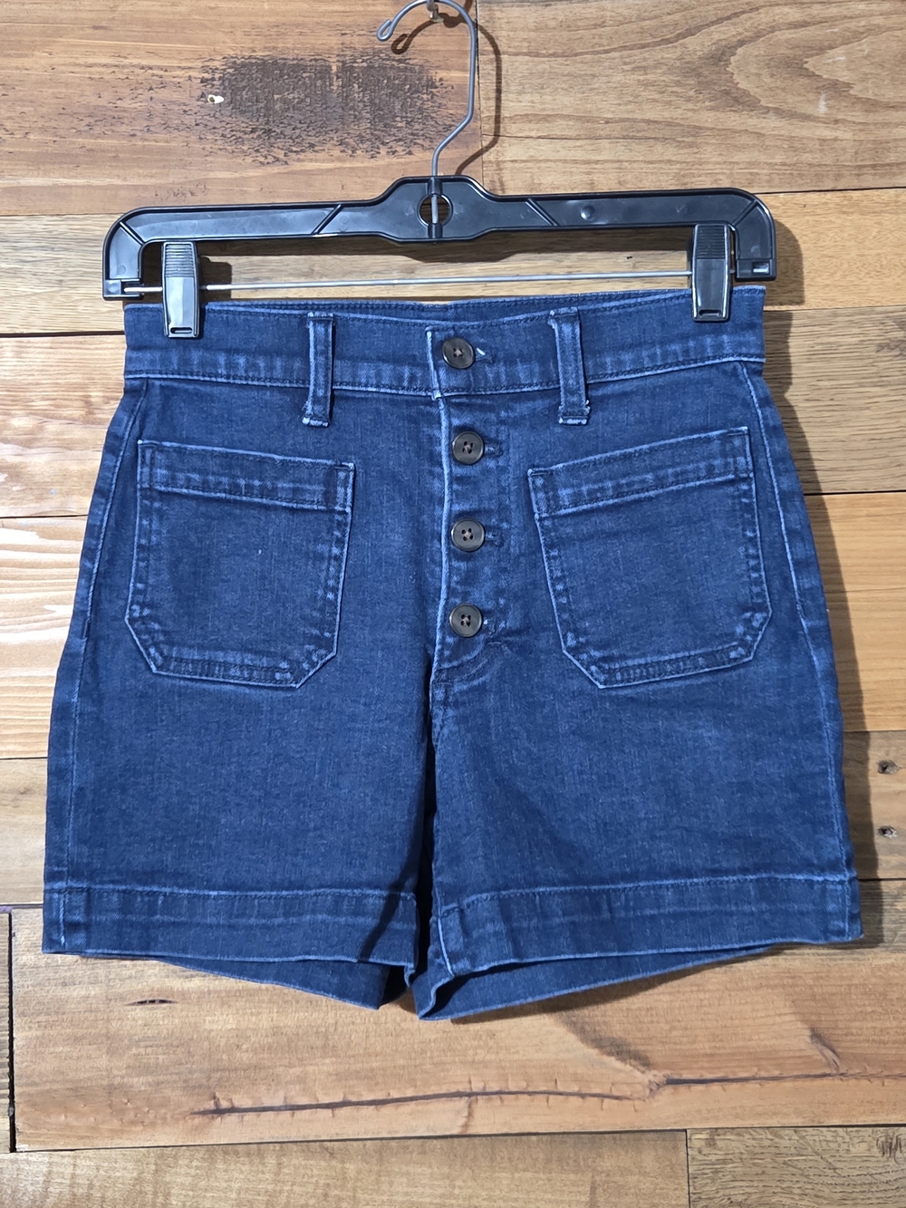 J.Crew Mid Rise Denim Shorts 24 Dark Wash Fly Front Patch Pockets Retro Y2K